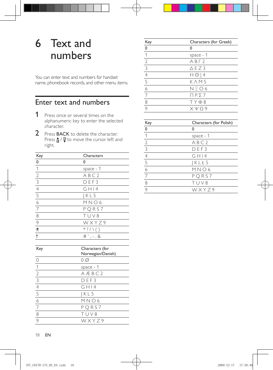 6 text and numbers, Enter text and numbers, Enter text and numbers 1 | Philips CD175 User Manual | Page 18 / 40