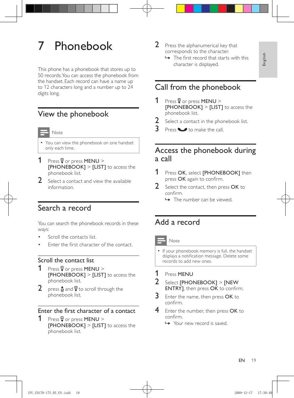 7 phonebook, View the phonebook, Search a record | Call from the phonebook, Access the phonebook during a call, Add a record, Call from the phonebook 1, Access the phonebook during a call 1 | Philips CD175 User Manual | Page 19 / 40