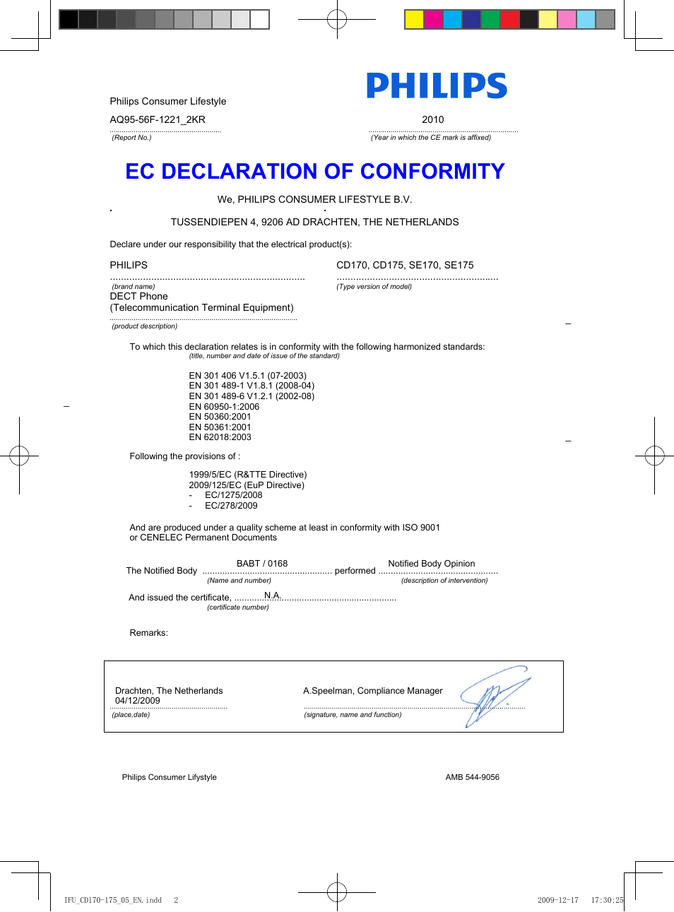 Ec declaration of conformity | Philips CD175 User Manual | Page 2 / 40