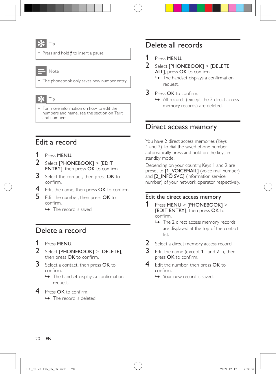 Edit a record, Delete a record, Delete all records | Direct access memory, Delete all records 1, Edit a record 1, Delete a record 1 | Philips CD175 User Manual | Page 20 / 40