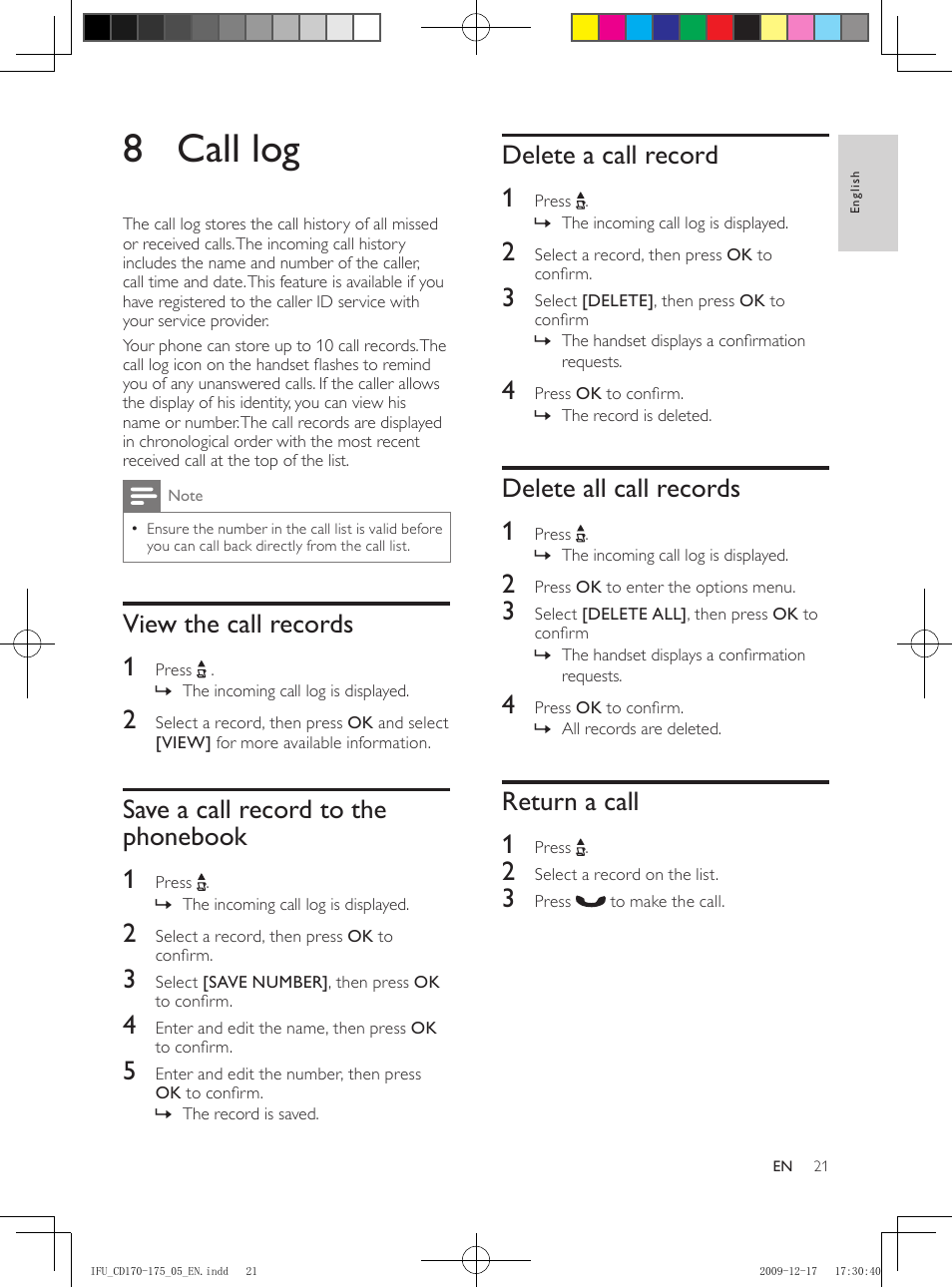 8 call log, View the call records, Save a call record to the phonebook | Delete a call record, Delete all call records, Return a call, Save a call record to the phonebook 21, Delete a call record 1, Delete all call records 1, Return a call 1 | Philips CD175 User Manual | Page 21 / 40