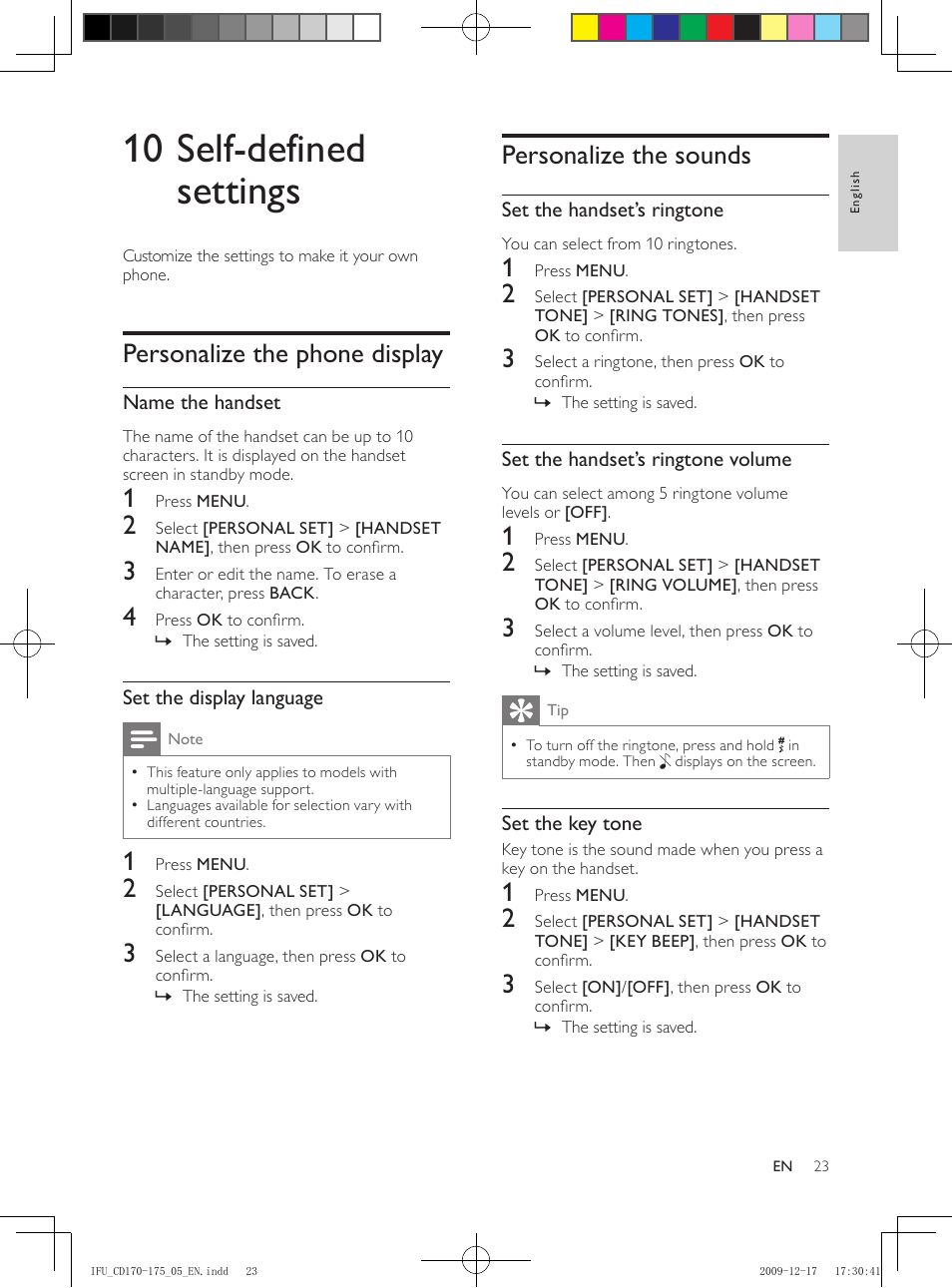 10 self-defined settings, Personalize the phone display, Personalize the sounds | Philips CD175 User Manual | Page 23 / 40