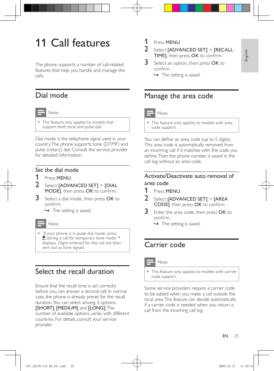 11 call features, Dial mode, Select the recall duration | Manage the area code, Carrier code | Philips CD175 User Manual | Page 25 / 40