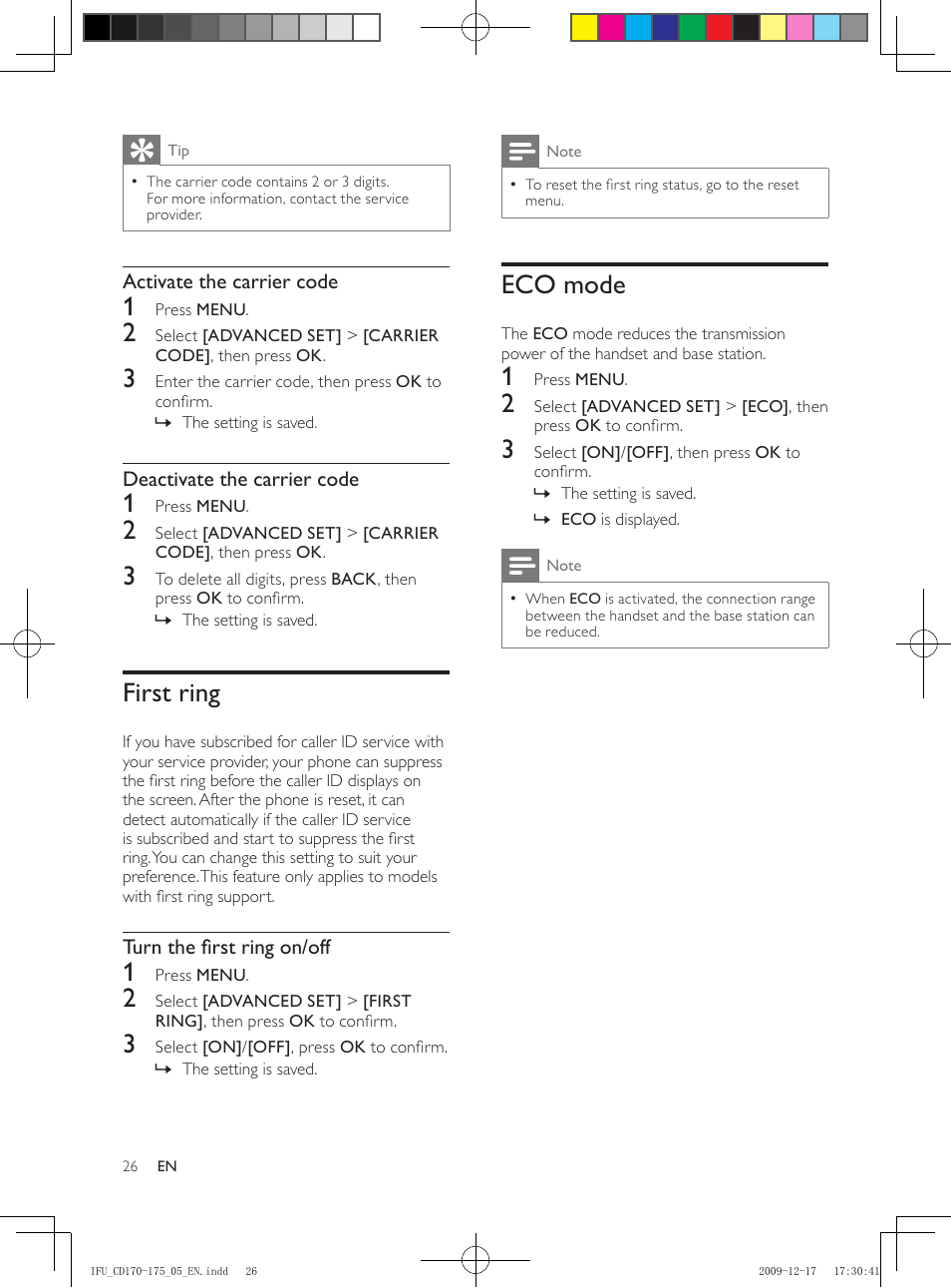 First ring, Eco mode | Philips CD175 User Manual | Page 26 / 40