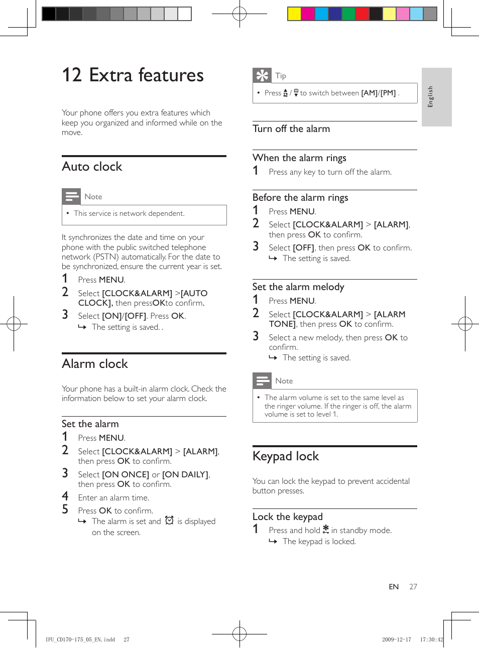 12 extra features, Auto clock, Alarm clock | Keypad lock | Philips CD175 User Manual | Page 27 / 40