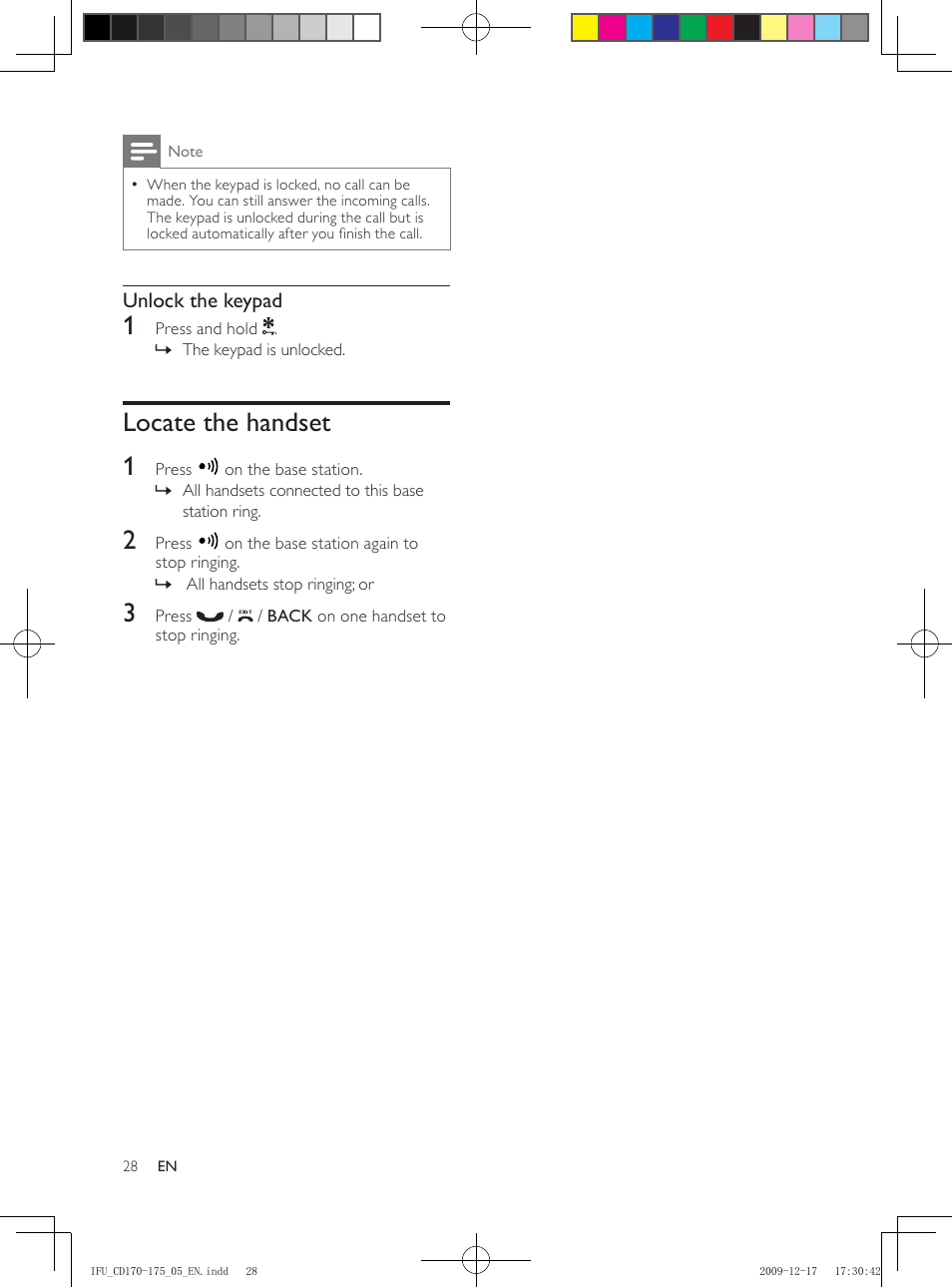 Locate the handset, Locate the handset 1, Unlock the keypad | Philips CD175 User Manual | Page 28 / 40