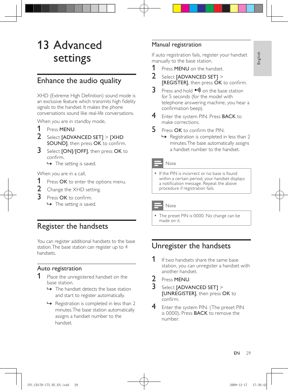 13 advanced settings, Enhance the audio quality, Register the handsets | Unregister the handsets, Unregister the handsets 1 | Philips CD175 User Manual | Page 29 / 40