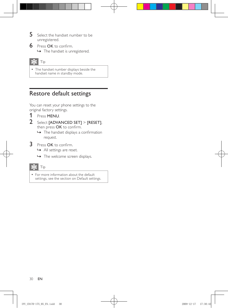 Restore default settings | Philips CD175 User Manual | Page 30 / 40