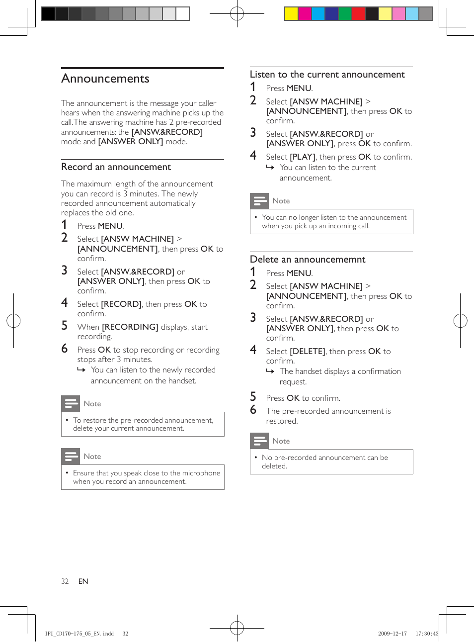 Announcements | Philips CD175 User Manual | Page 32 / 40