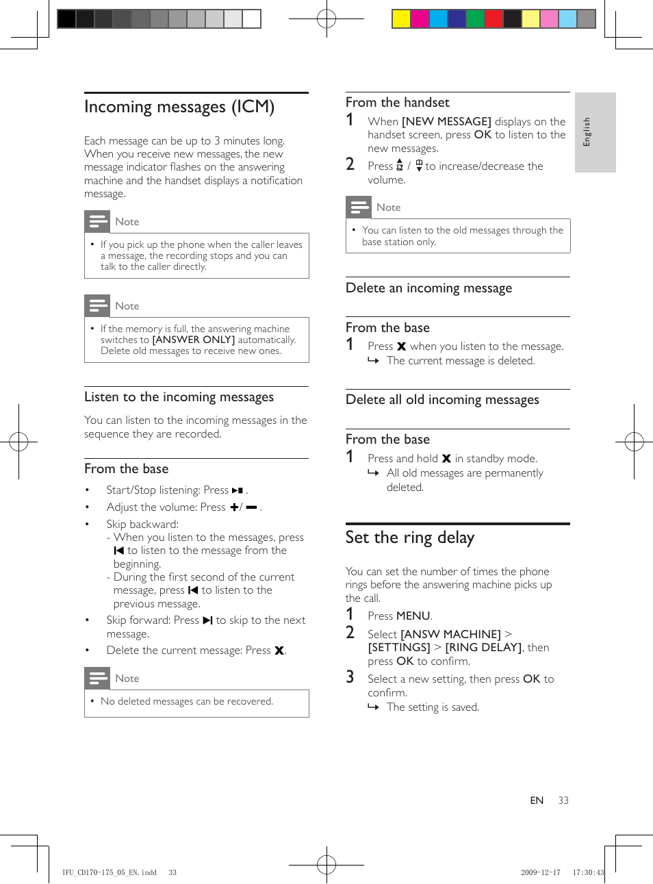 Incoming messages (icm), Set the ring delay | Philips CD175 User Manual | Page 33 / 40