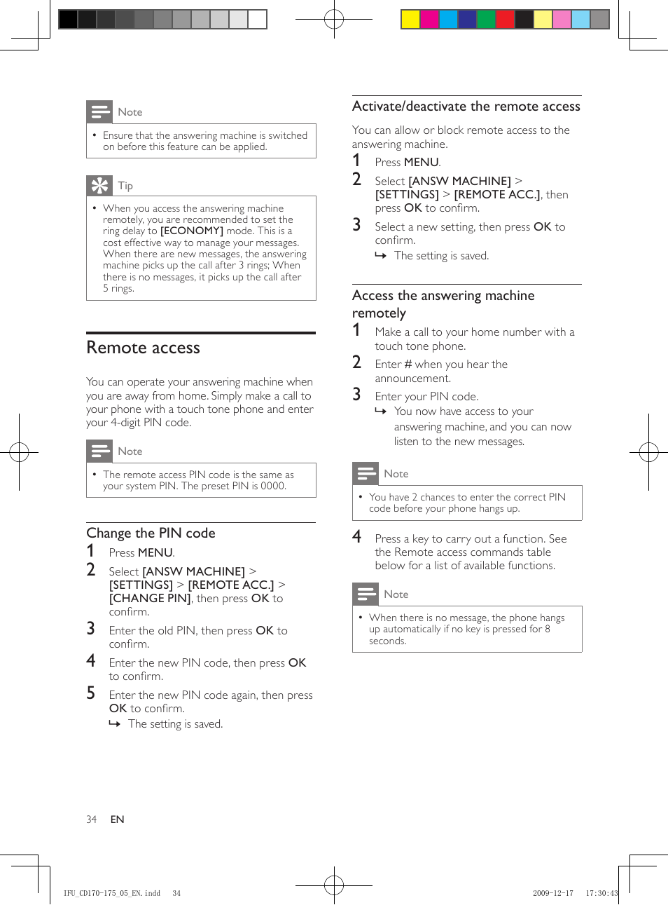 Remote access | Philips CD175 User Manual | Page 34 / 40