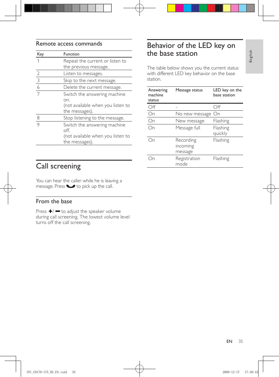 Call screening, Behavior of the led key on the base station, Behavior of the led key on the | Base station, Remote access commands | Philips CD175 User Manual | Page 35 / 40