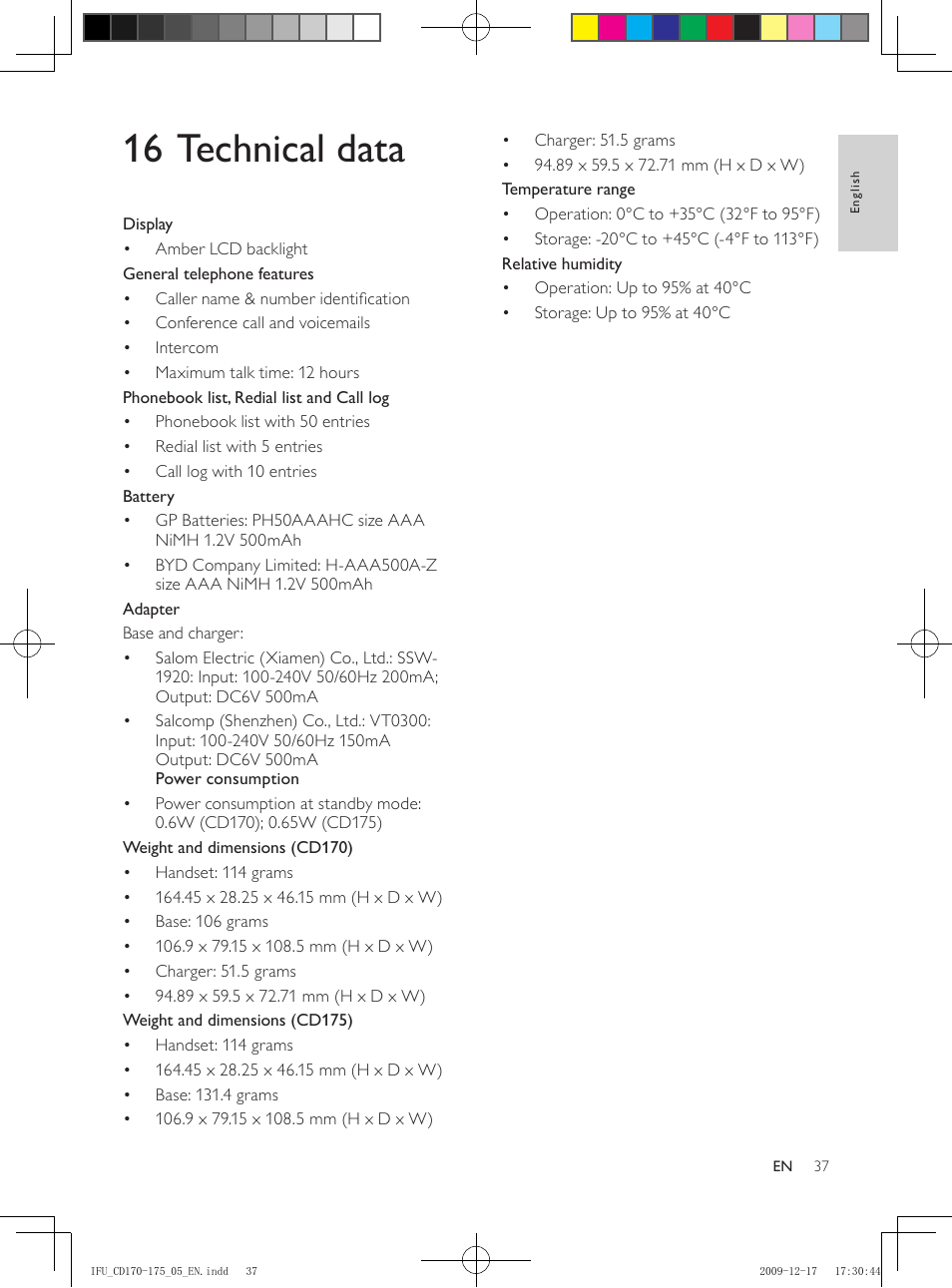 16 technical data | Philips CD175 User Manual | Page 37 / 40