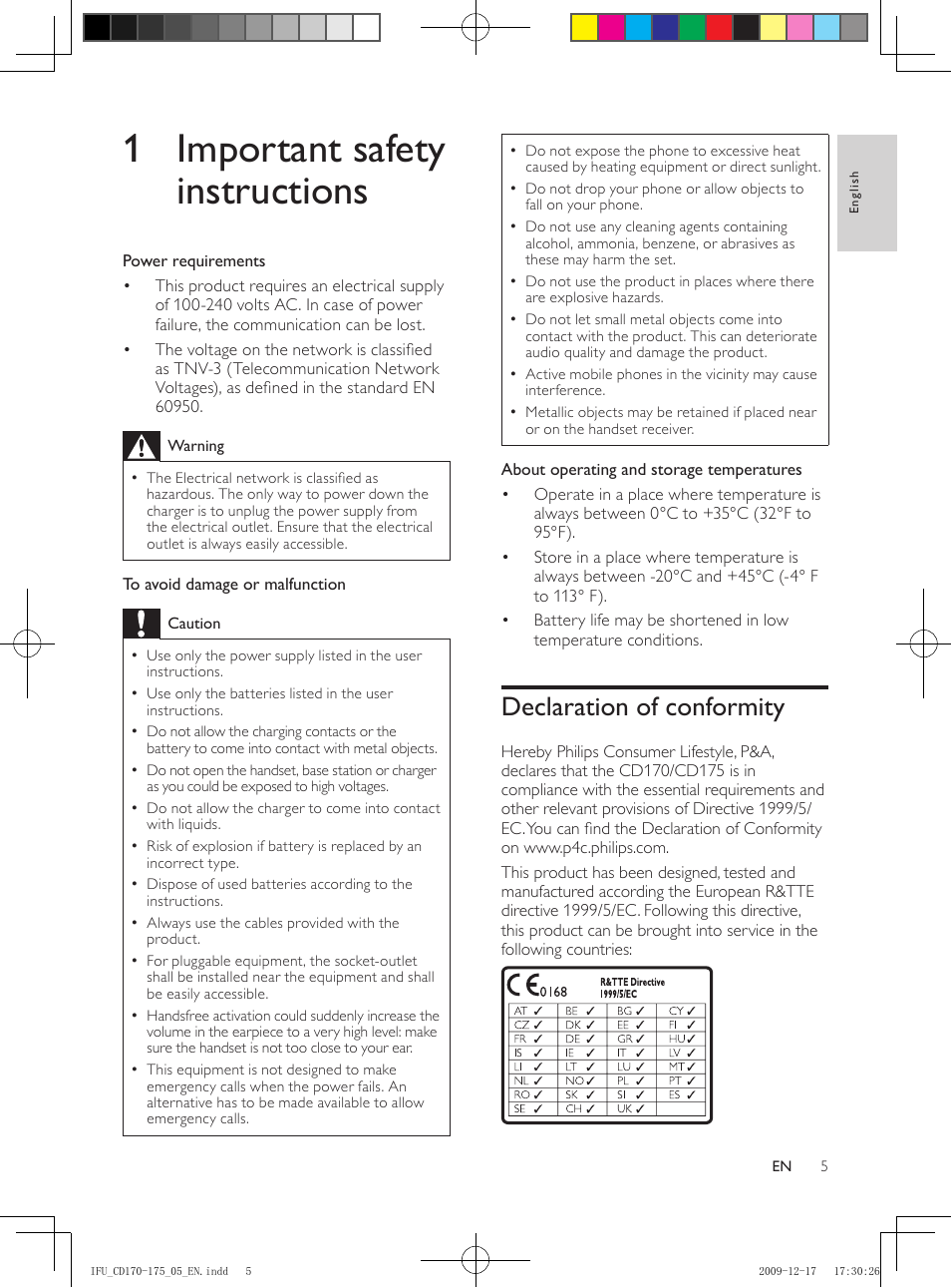 1 important safety instructions, Declaration of conformity | Philips CD175 User Manual | Page 5 / 40