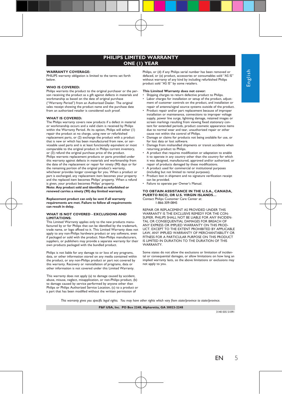 English, Philips limited warranty one (1) year | Philips PD7012 User Manual | Page 7 / 26