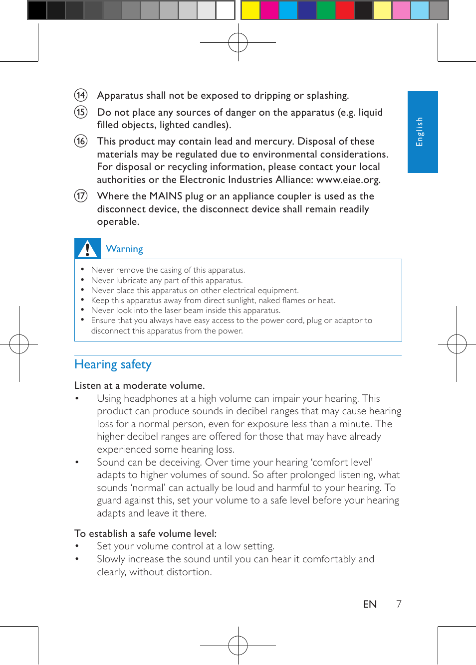 Hearing safety | Philips PD7012 User Manual | Page 9 / 26