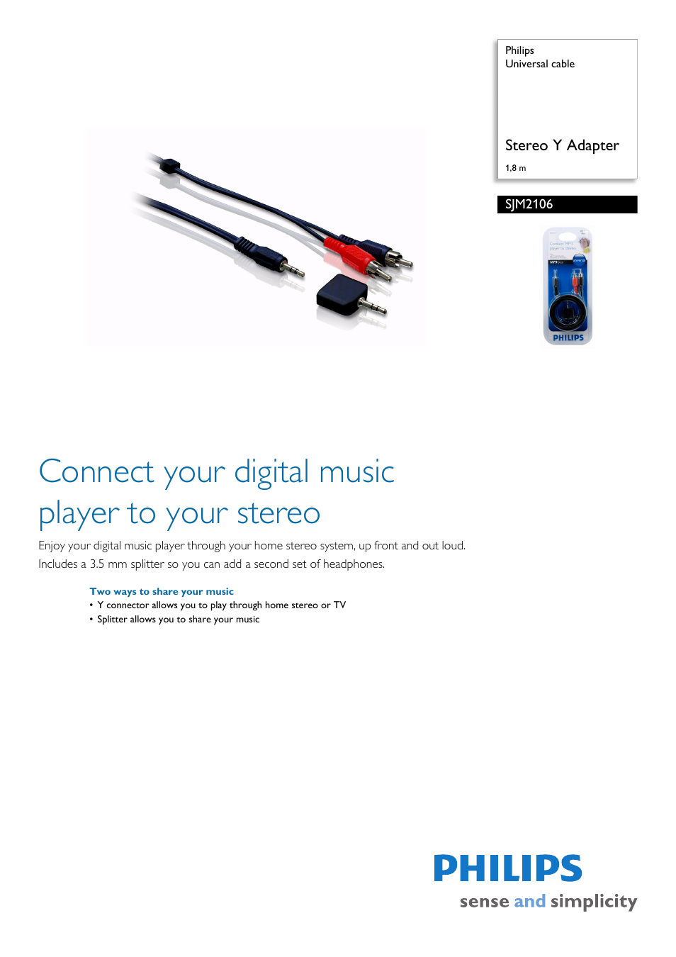 Philips STEREO Y ADAPTER SJM2106 User Manual | 2 pages