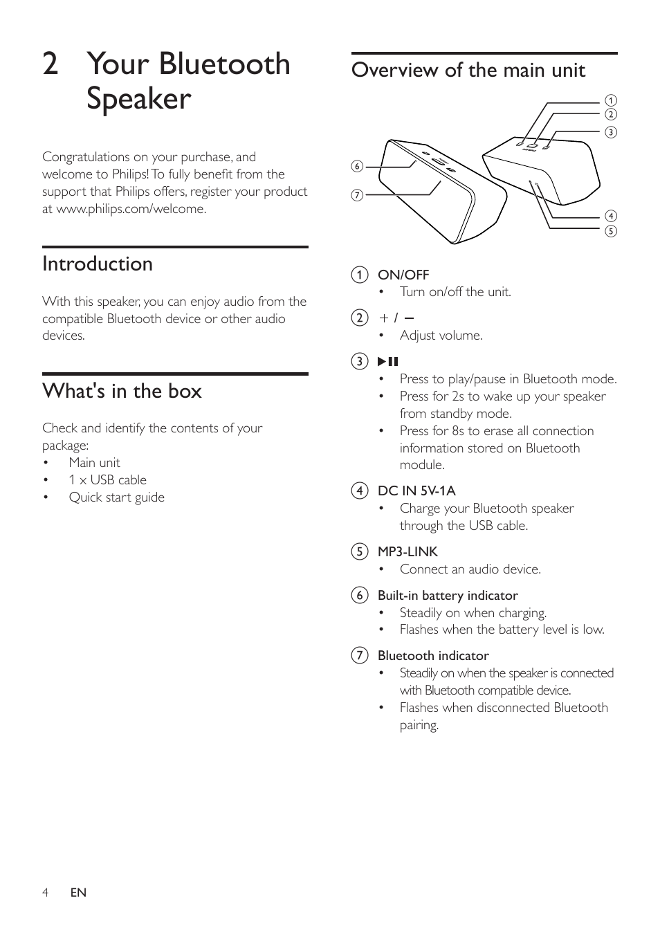 2 your bluetooth speaker, Introduction, What's in the box | Overview of the main unit, Introduction 4 | Philips SBT75/37 User Manual | Page 5 / 11