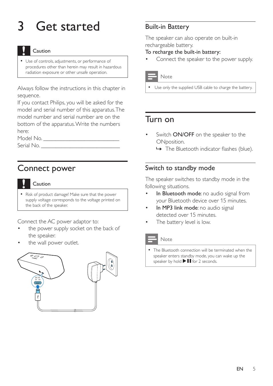 3 get started, Connect power, Turn on | Philips SBT75/37 User Manual | Page 6 / 11