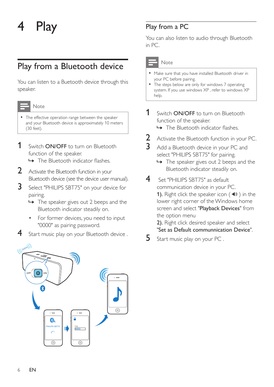 4 play, Play from a bluetooth device | Philips SBT75/37 User Manual | Page 7 / 11