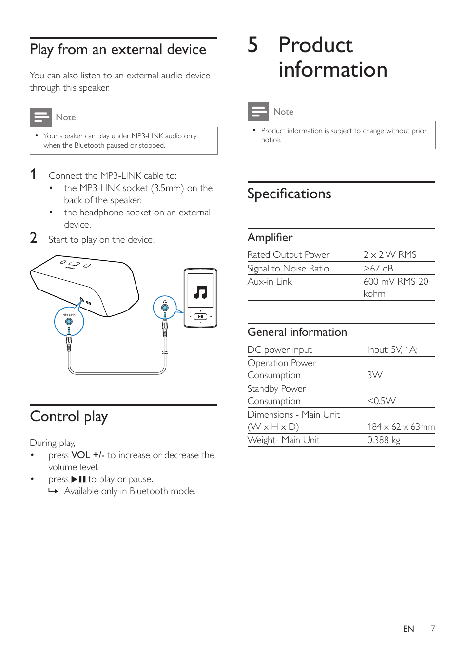 Play from an external device, Control play, 5 product information | Specifications | Philips SBT75/37 User Manual | Page 8 / 11