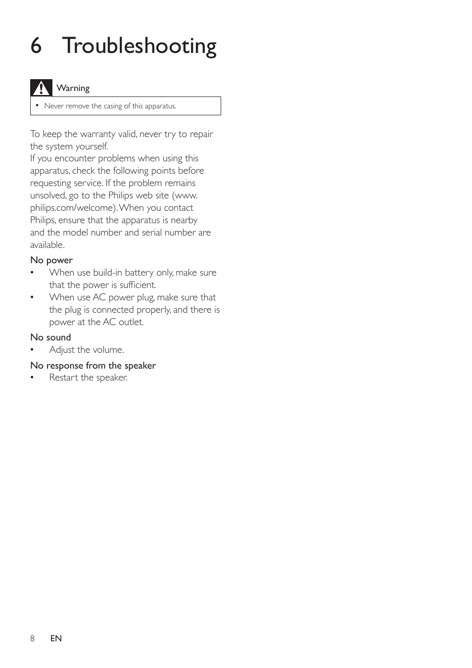 6 troubleshooting | Philips SBT75/37 User Manual | Page 9 / 11