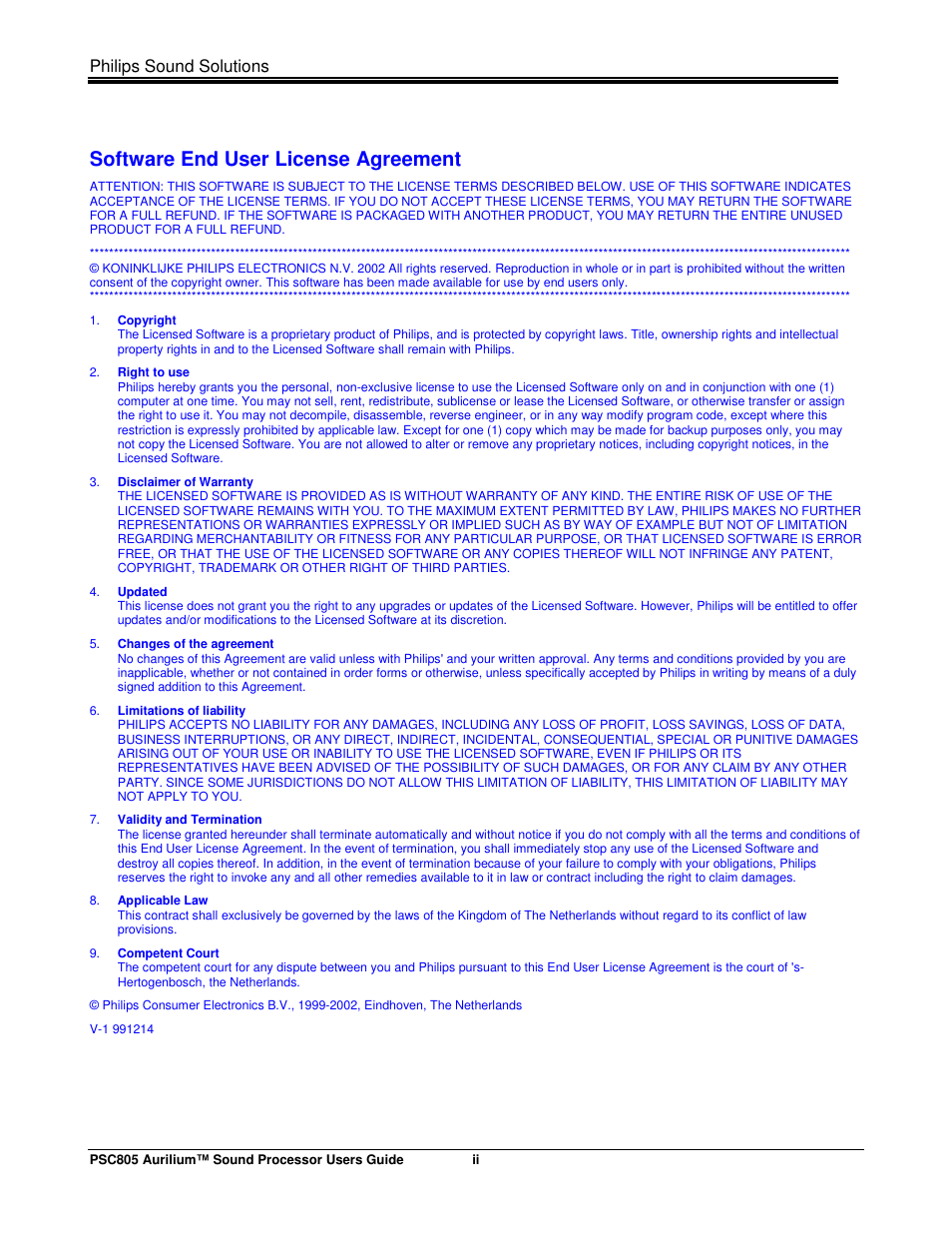 Software end user license agreement, Philips sound solutions | Philips AURILIUM PSC805 User Manual | Page 2 / 46