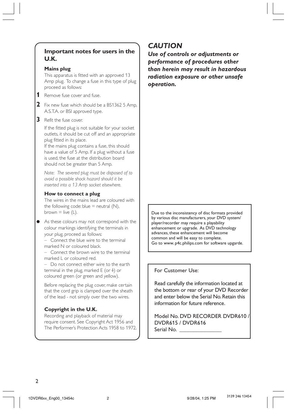 Caution | Philips DVDR610 User Manual | Page 2 / 72