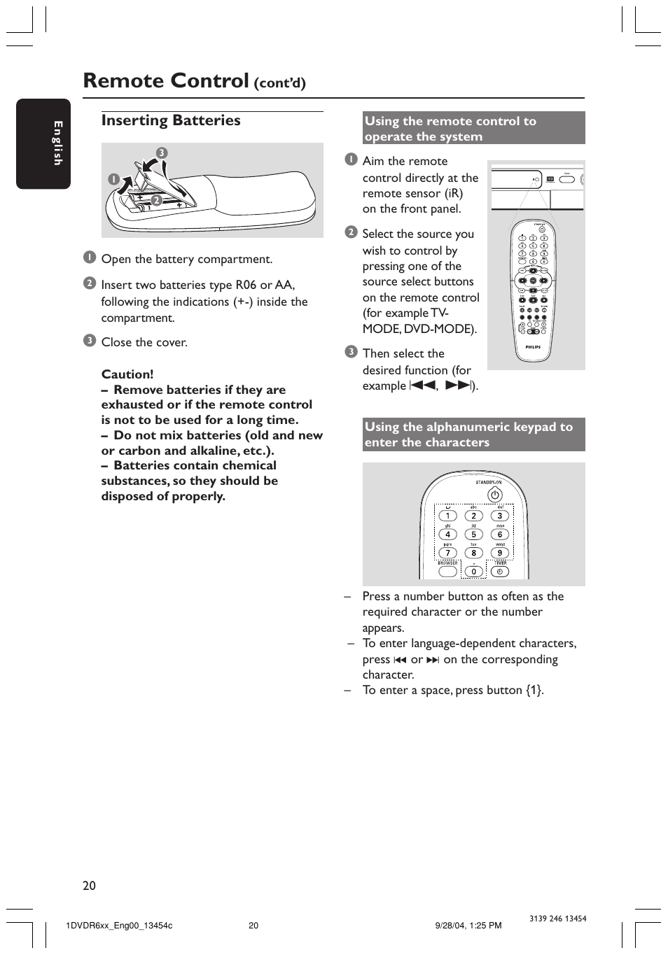 Remote control, Inserting batteries | Philips DVDR610 User Manual | Page 20 / 72