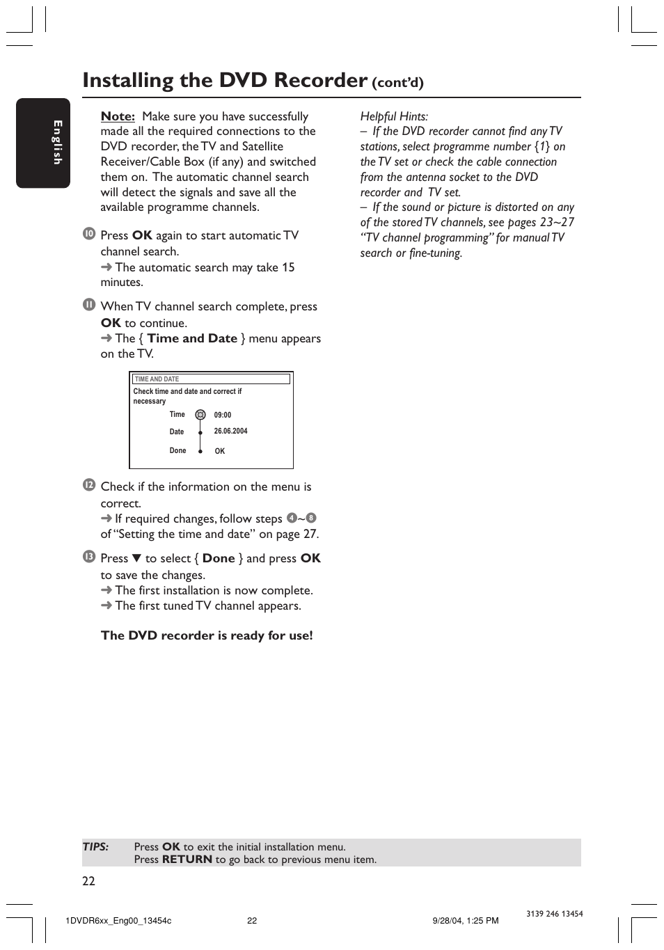 Installing the dvd recorder | Philips DVDR610 User Manual | Page 22 / 72