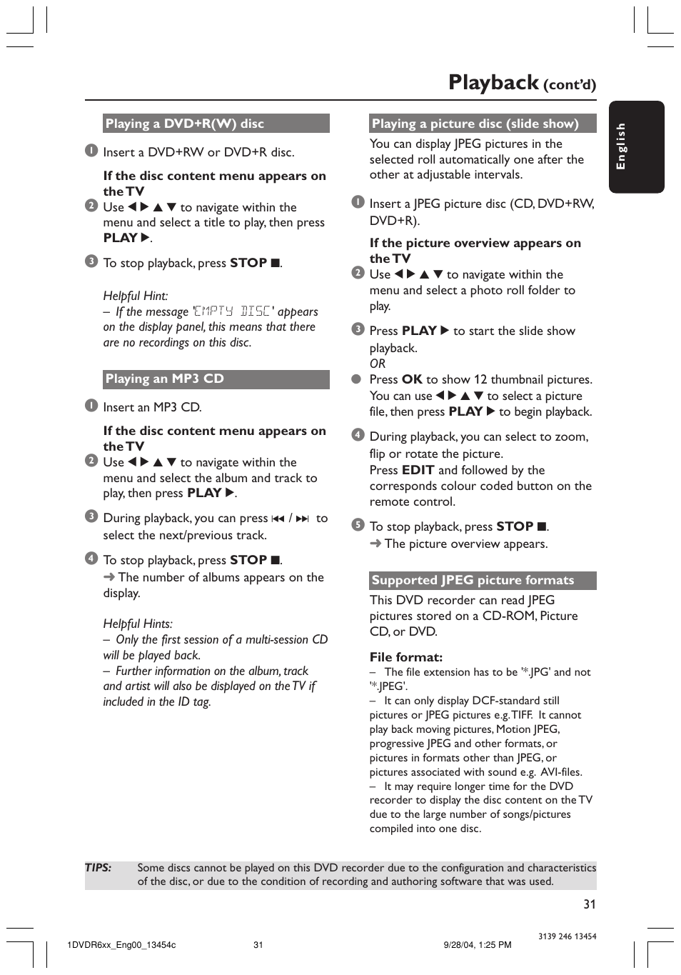 Playback | Philips DVDR610 User Manual | Page 31 / 72