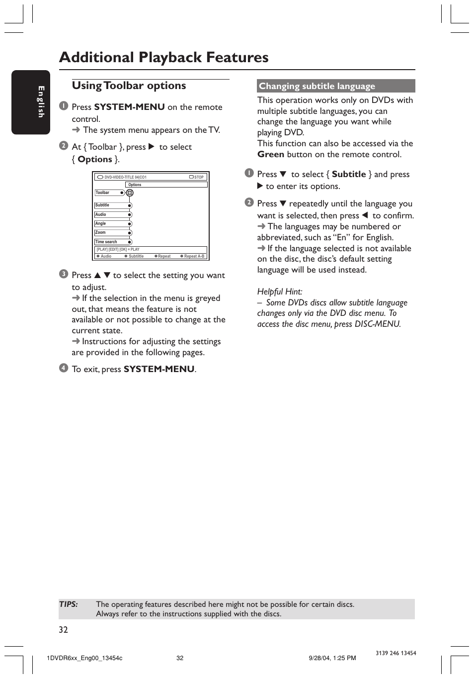 Additional playback features, Using toolbar options 1 | Philips DVDR610 User Manual | Page 32 / 72