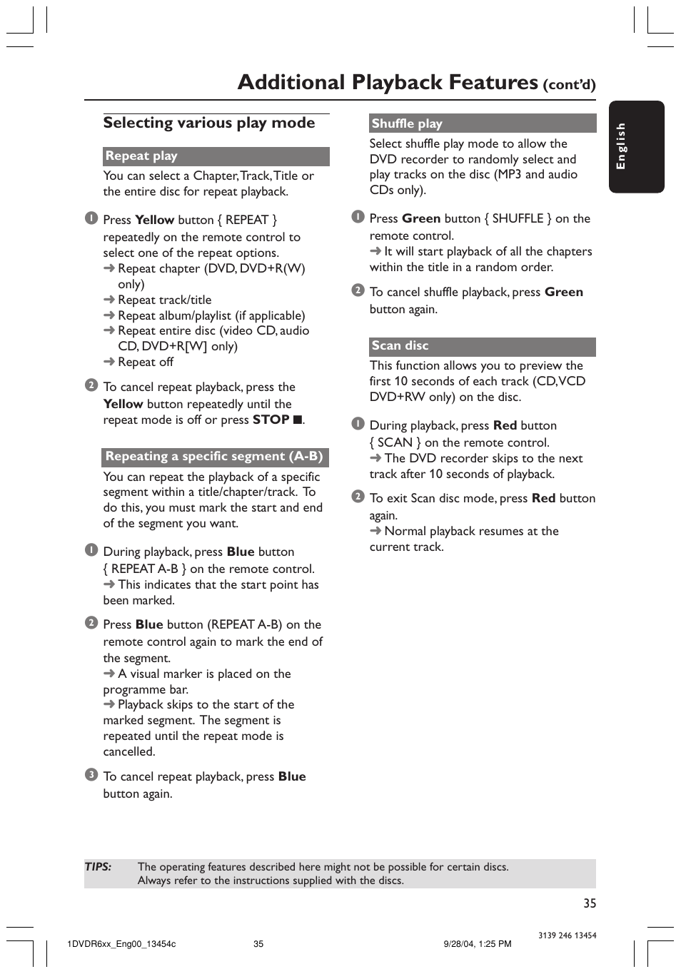 Additional playback features, Selecting various play mode | Philips DVDR610 User Manual | Page 35 / 72