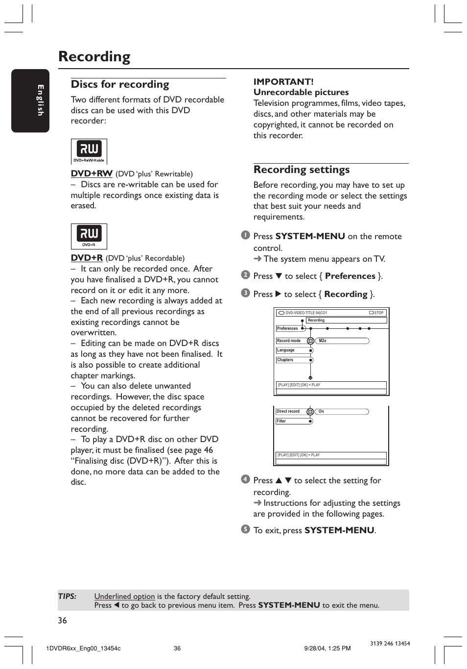 Recording, Discs for recording, Recording settings | Philips DVDR610 User Manual | Page 36 / 72