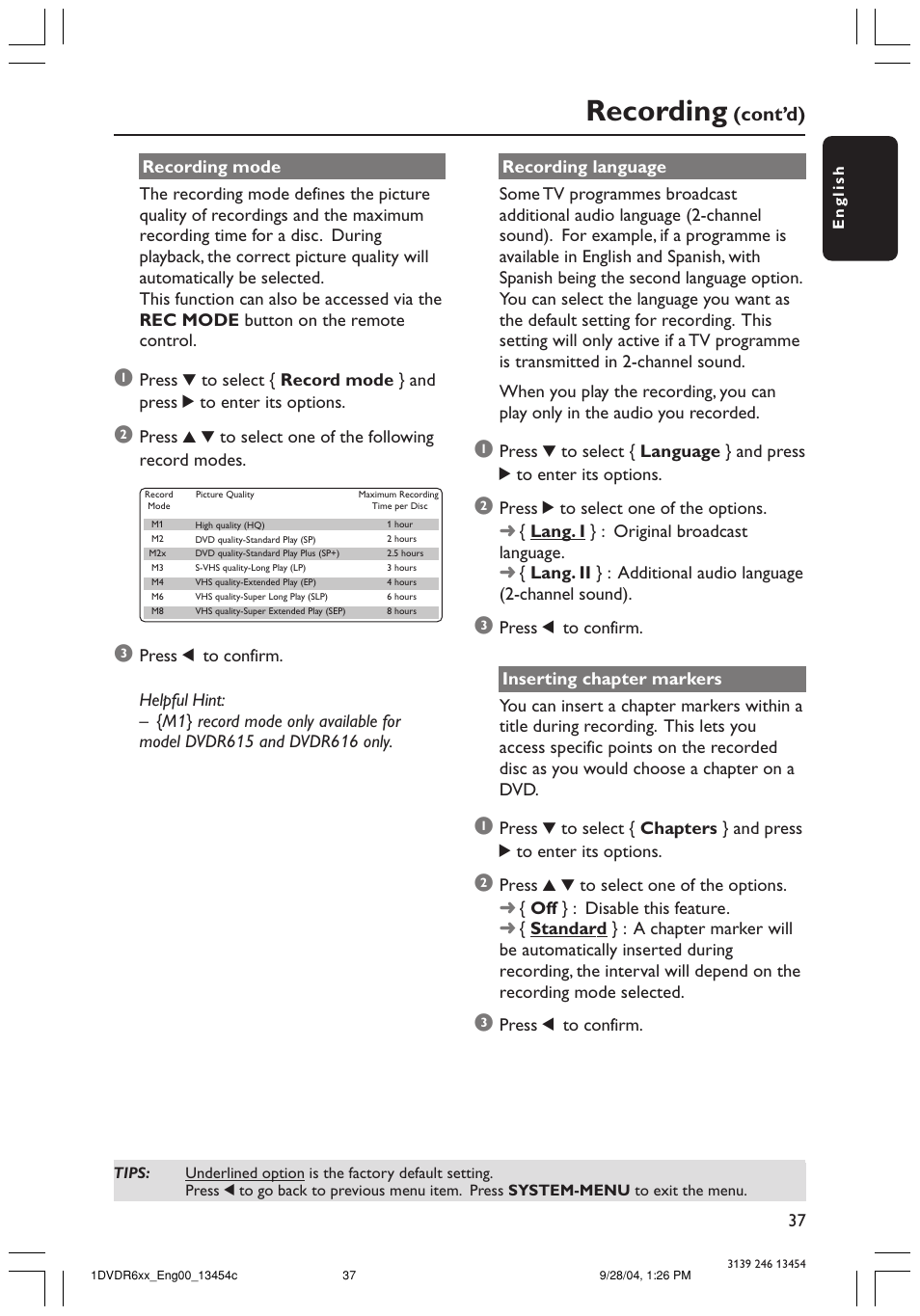 Recording, Cont’d) | Philips DVDR610 User Manual | Page 37 / 72