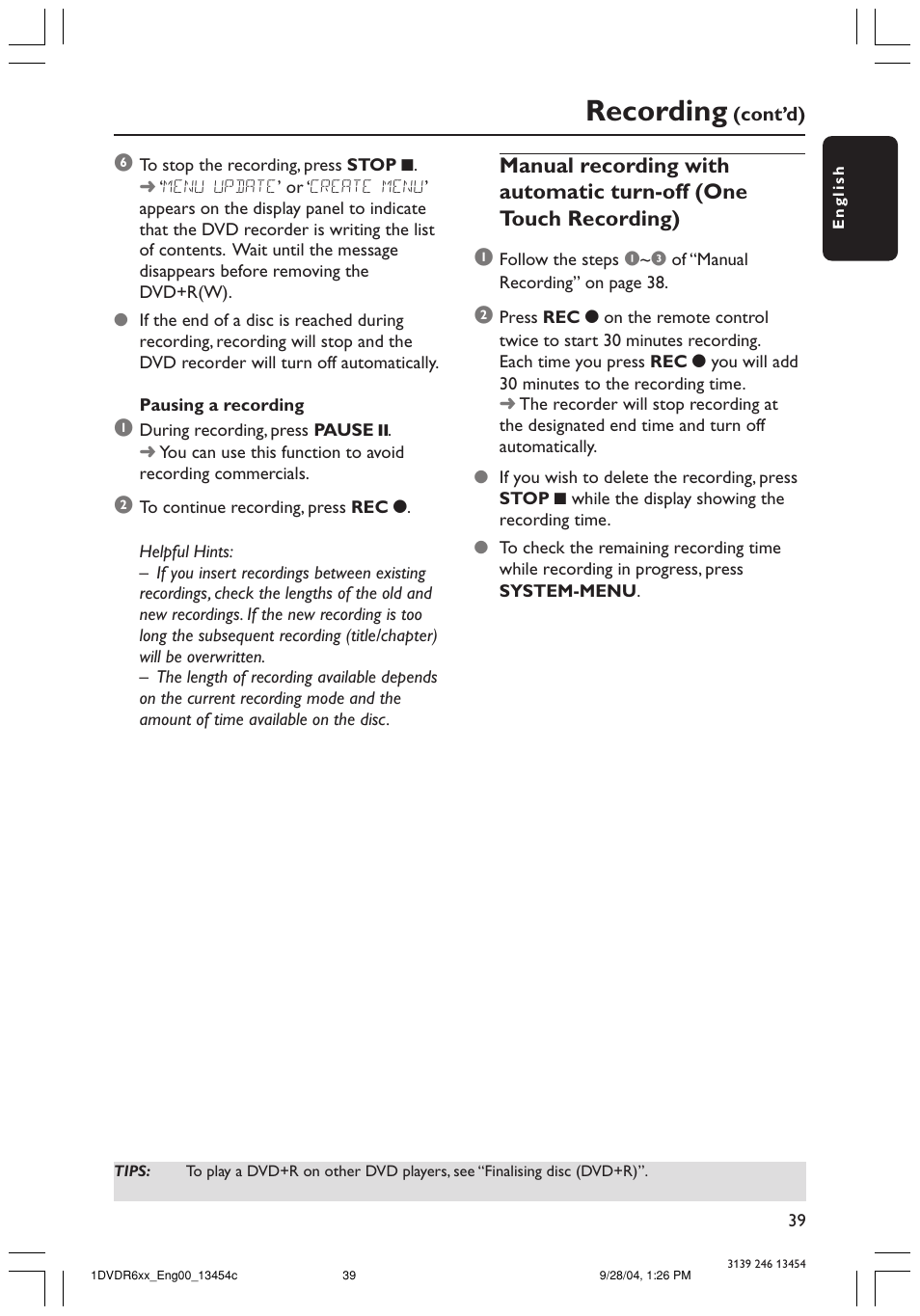 Recording | Philips DVDR610 User Manual | Page 39 / 72