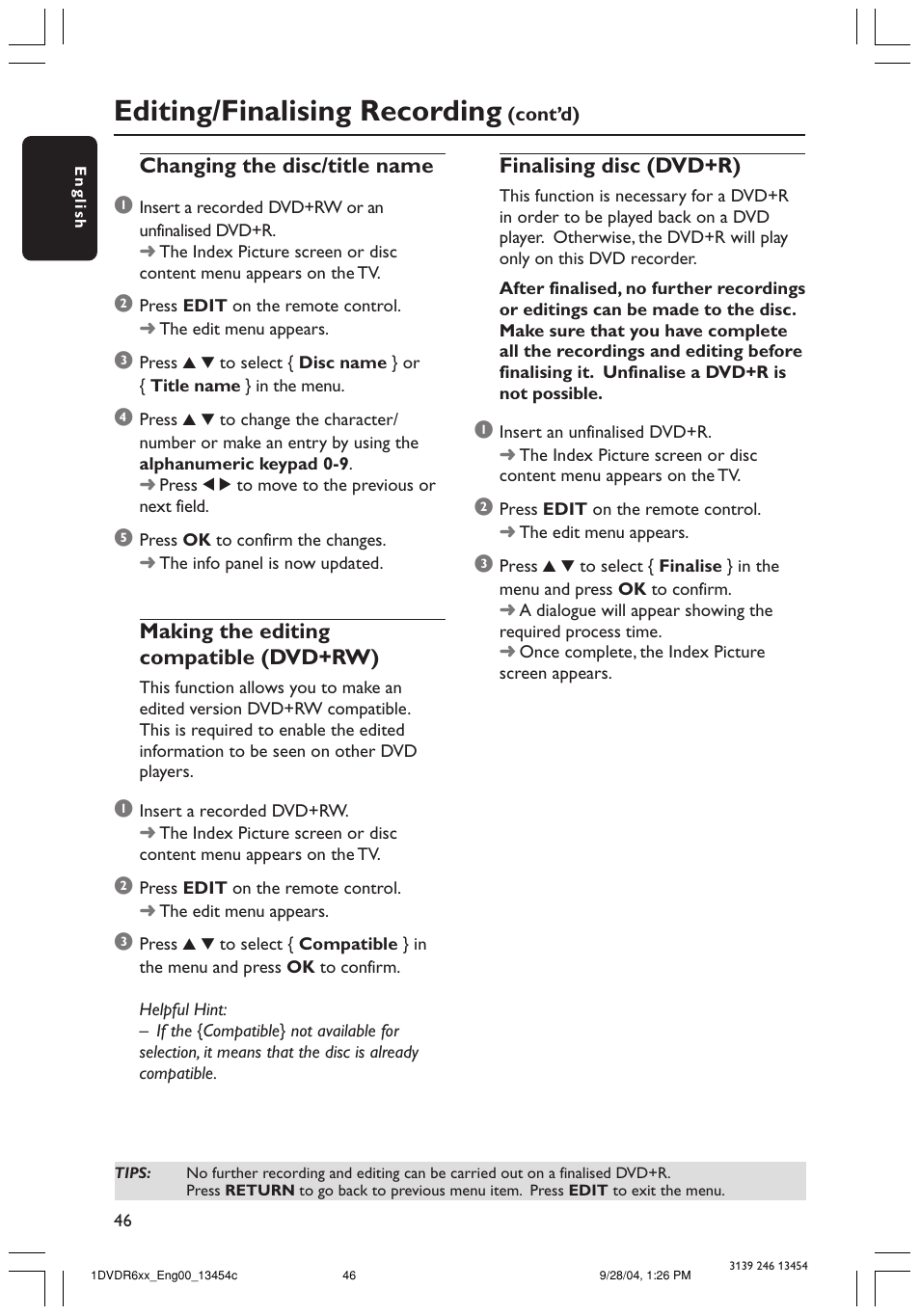 Editing/finalising recording | Philips DVDR610 User Manual | Page 46 / 72