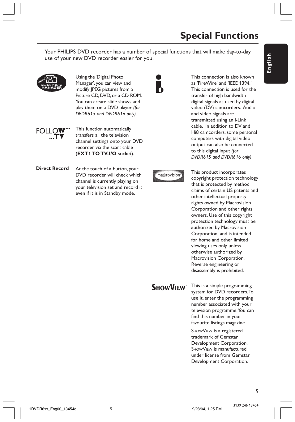 Special functions | Philips DVDR610 User Manual | Page 5 / 72