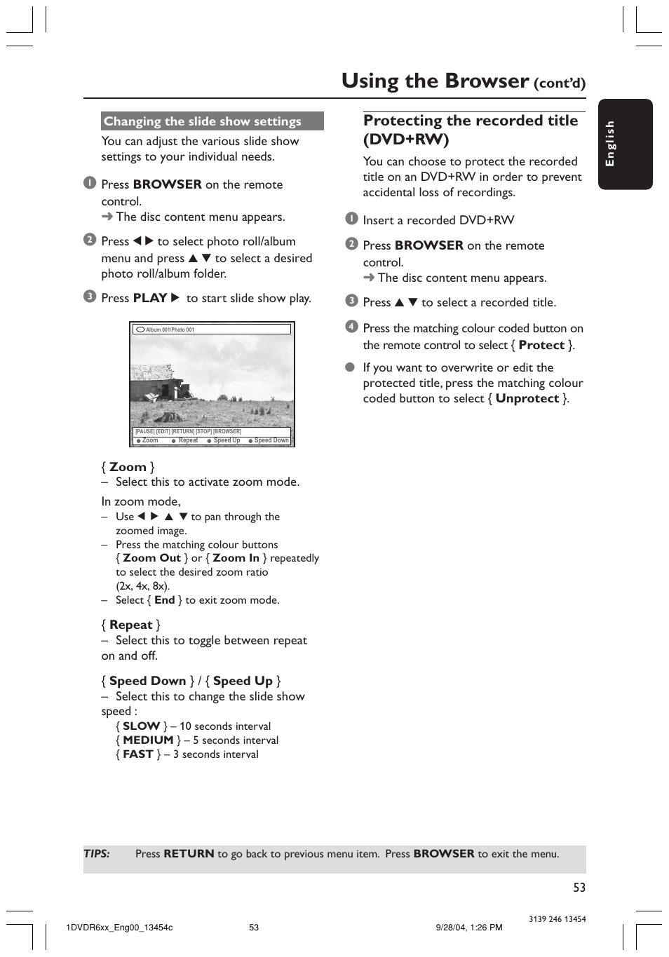 Using the browser, Protecting the recorded title (dvd+rw) | Philips DVDR610 User Manual | Page 53 / 72