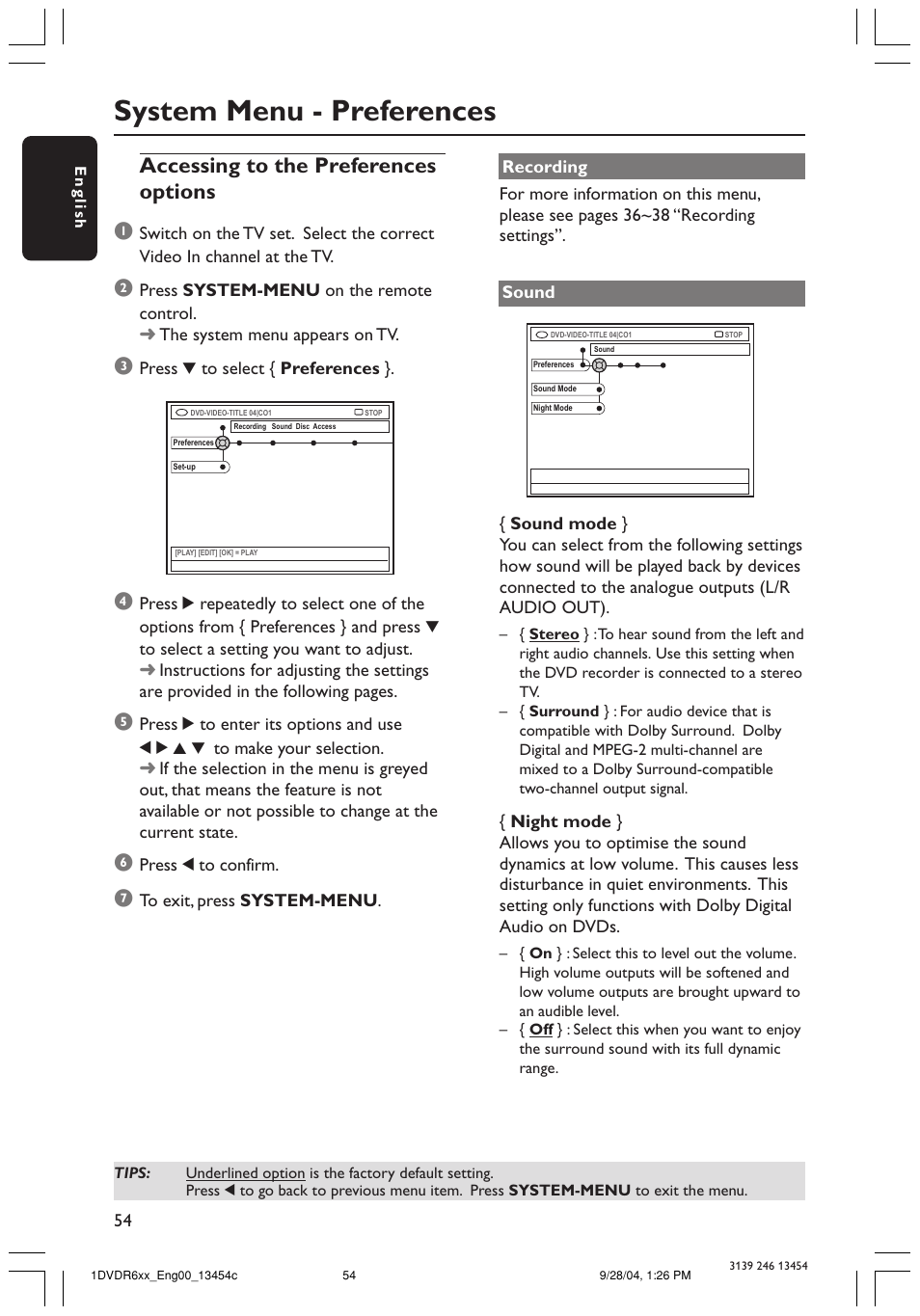 System menu - preferences, Accessing to the preferences options 1 | Philips DVDR610 User Manual | Page 54 / 72