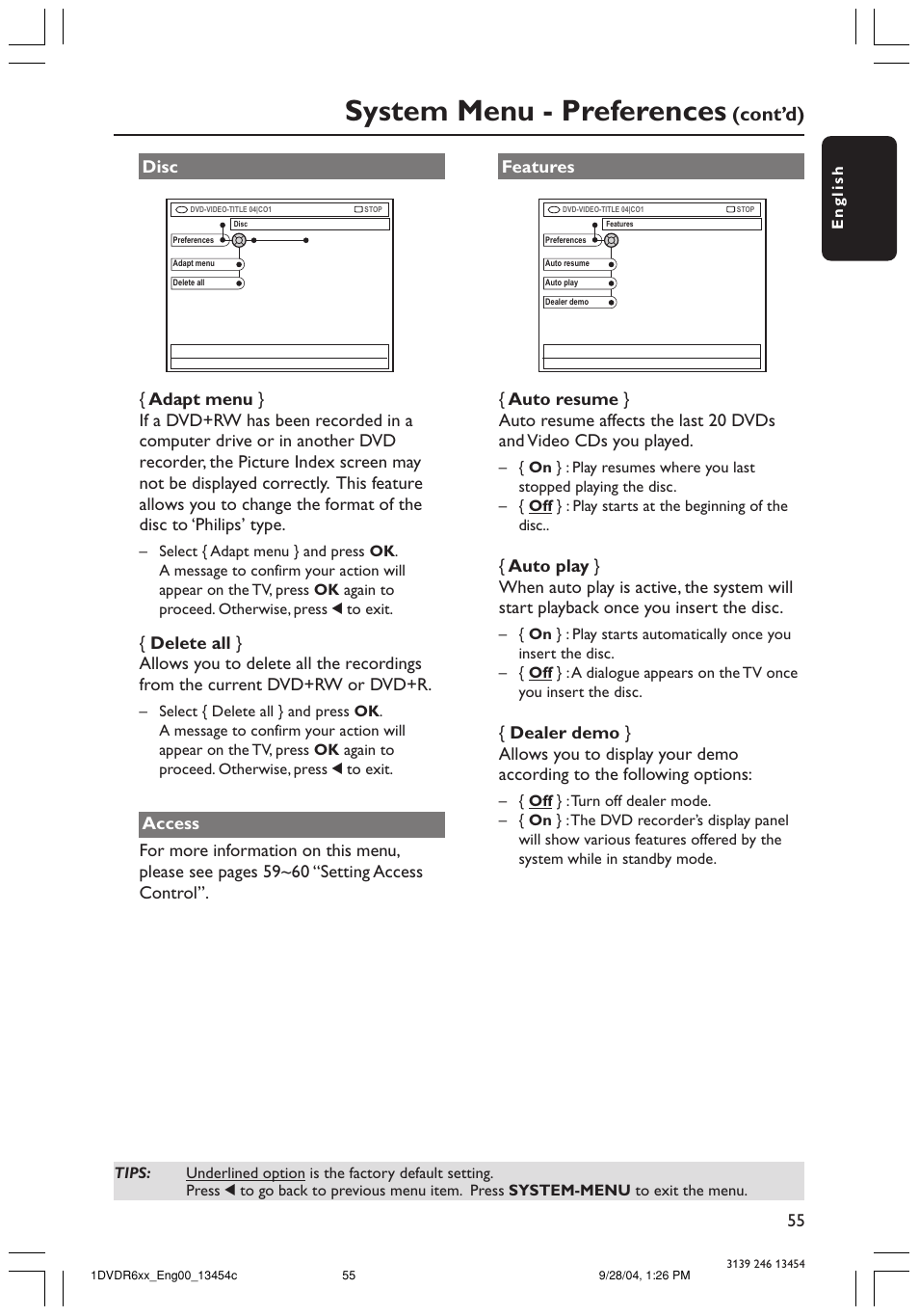 System menu - preferences, Cont’d), Disc | Philips DVDR610 User Manual | Page 55 / 72