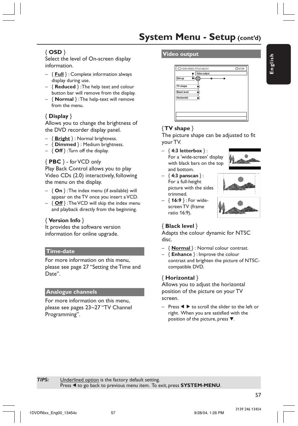System menu - setup, Cont’d) | Philips DVDR610 User Manual | Page 57 / 72
