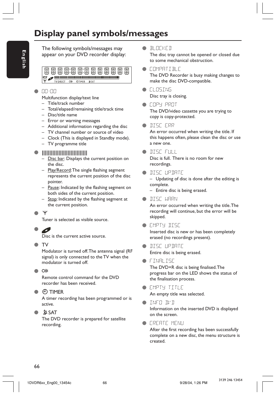 Display panel symbols/messages | Philips DVDR610 User Manual | Page 66 / 72