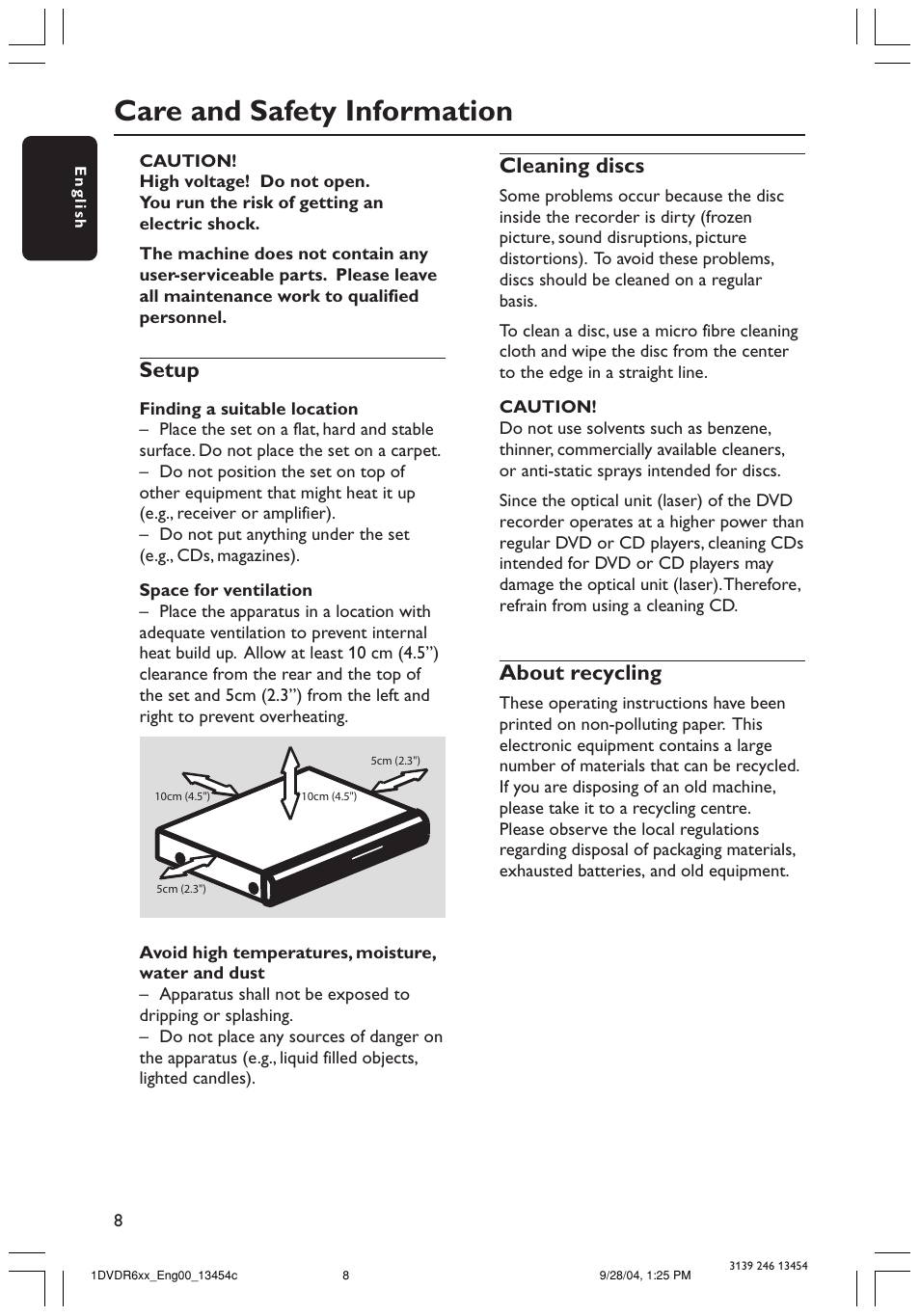 Care and safety information, Setup, Cleaning discs | About recycling | Philips DVDR610 User Manual | Page 8 / 72