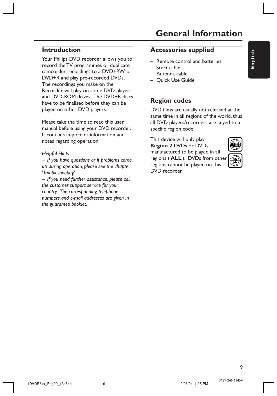 General information, Introduction, Accessories supplied | Region codes | Philips DVDR610 User Manual | Page 9 / 72