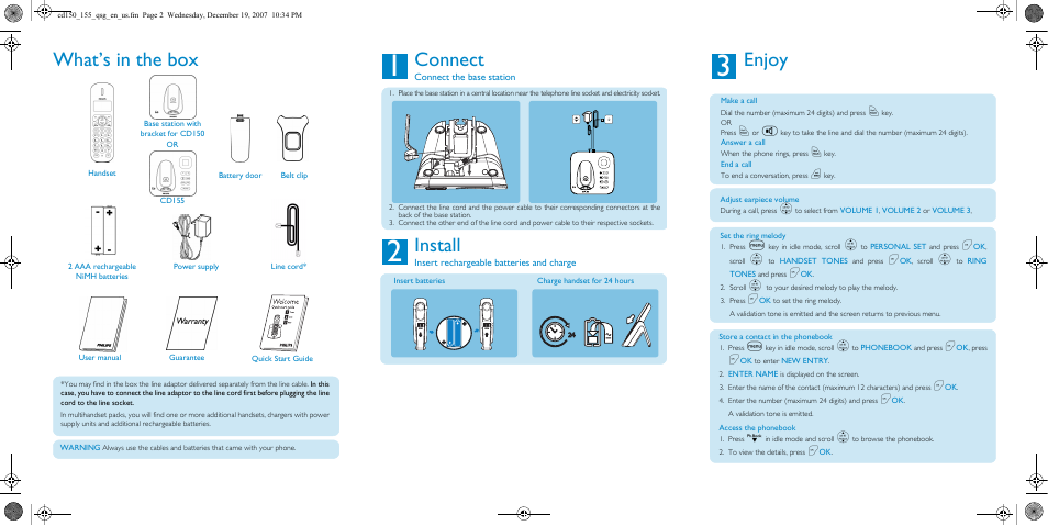 Enjoy, What’s in the box, Connect | Install | Philips CD150 User Manual | Page 2 / 2