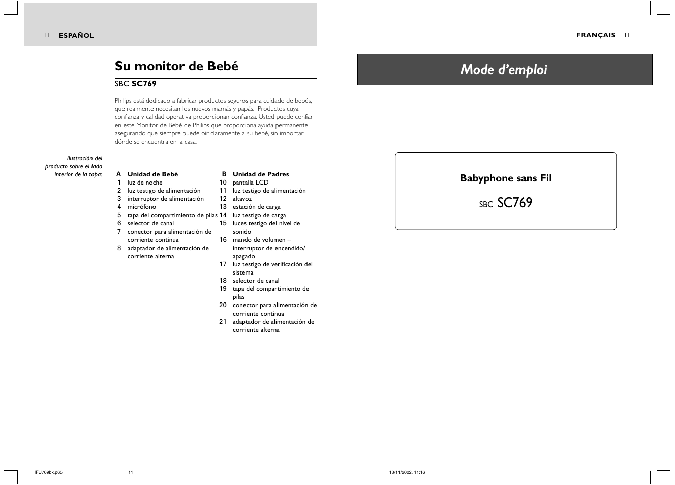 Sc769 mode d’emploi, Su monitor de bebé, Babyphone sans fil | Philips SC769 User Manual | Page 11 / 16
