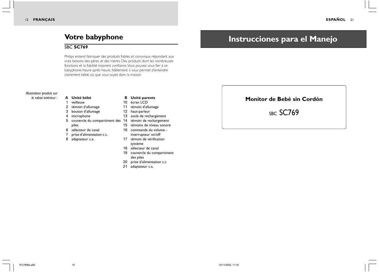 Sc769 instrucciones para el manejo, Votre babyphone, Monitor de bebé sin cordón | Philips SC769 User Manual | Page 12 / 16