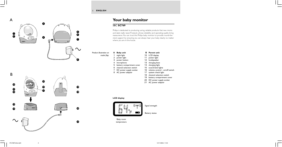 Your baby monitor, Charge dc 9v power system check level power power | Philips SC769 User Manual | Page 2 / 16