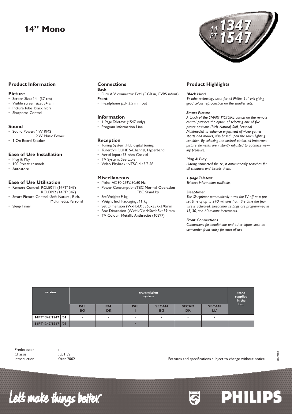 14” mono, 14 pt | Philips 14 PT 1347 User Manual | Page 2 / 2